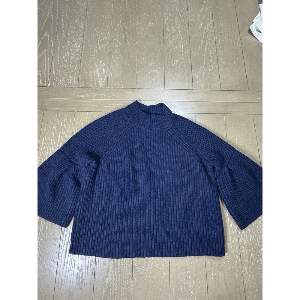 JOIE Cable Mock Neck Crop‎ Sweater Small Navy Blue Wool Cashmere Bell Sleeve